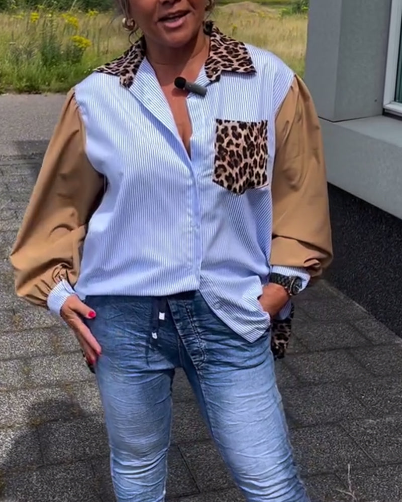 Casual skjorte med leopardprint krave og brystlomme