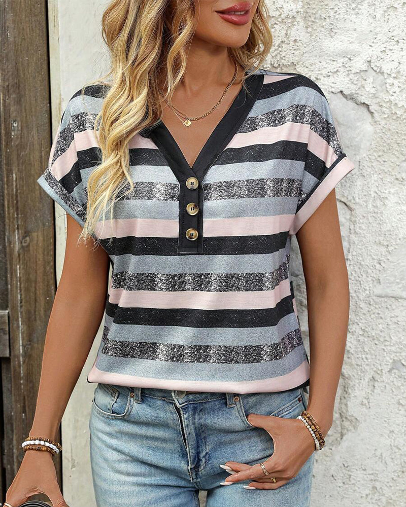 T-Shirt V-Hals Tre Knapper Stribet