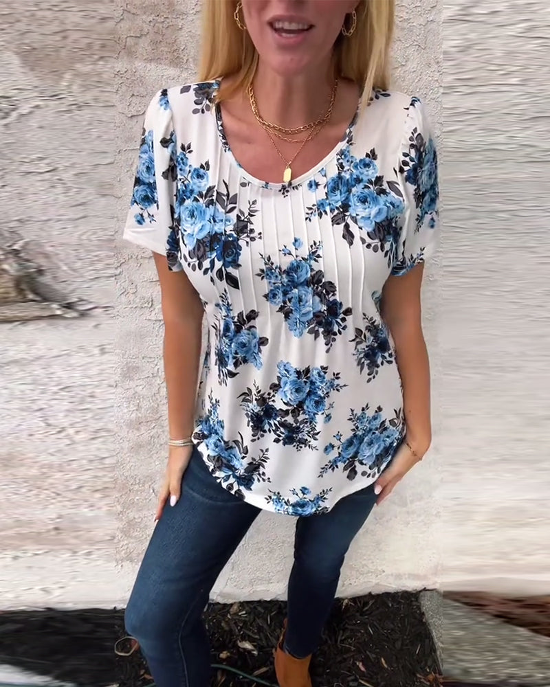 T-Shirt Med Rund Hals Blomsterprint Plisseret
