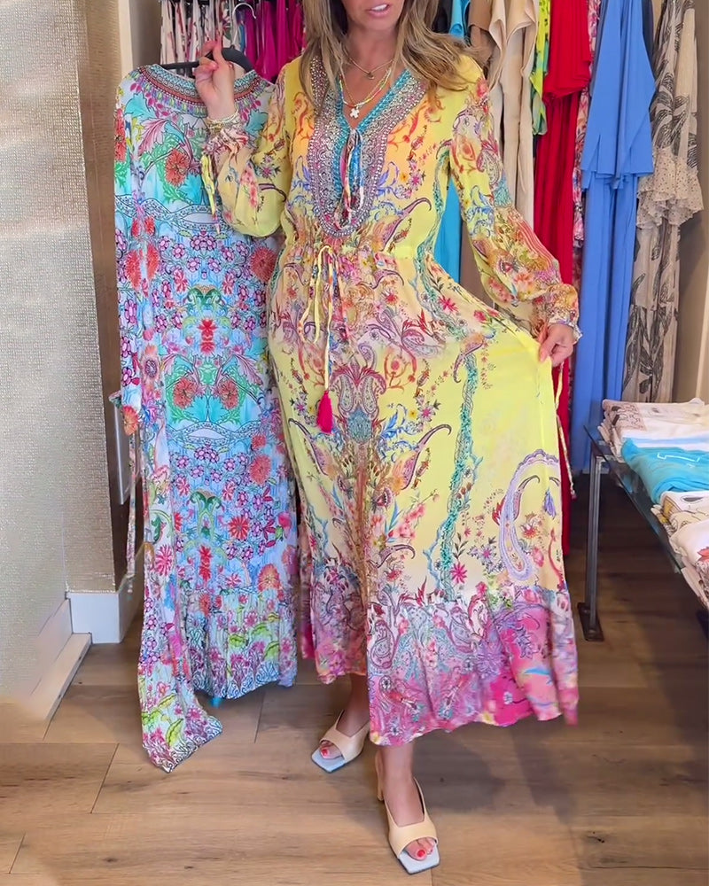 Langærmet resortkjole med print