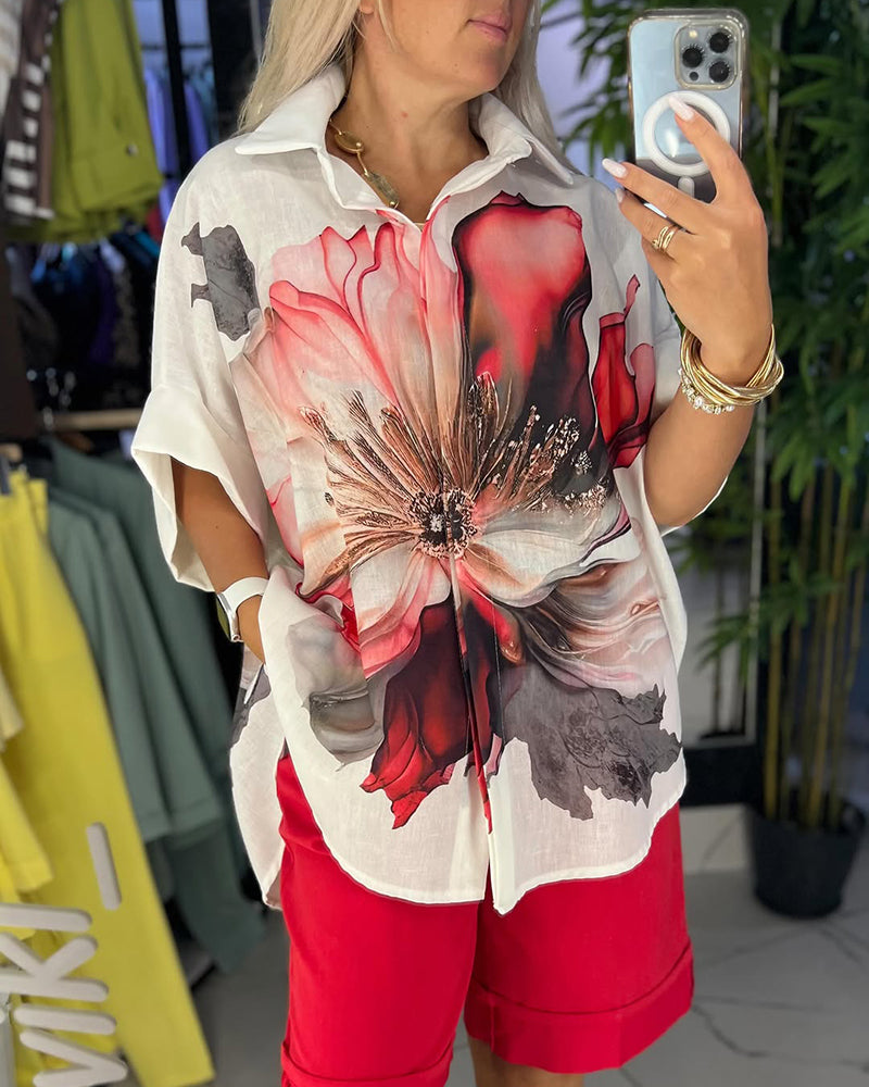 Bluse Reverskrave Store Blomstermønster Halværmet