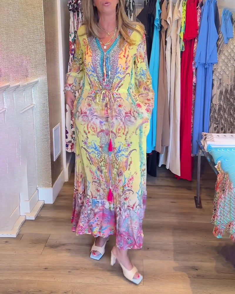 Langærmet resortkjole med print