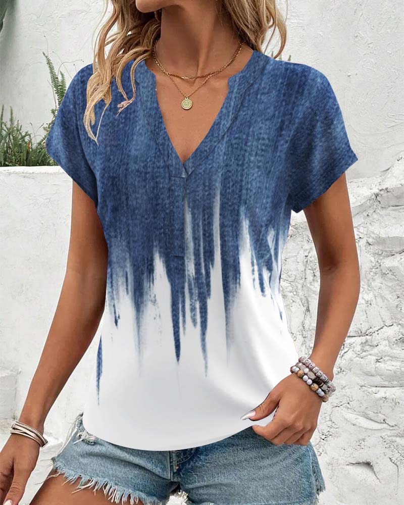 Bluse Batikfarvet med Farveovergang og V-hals