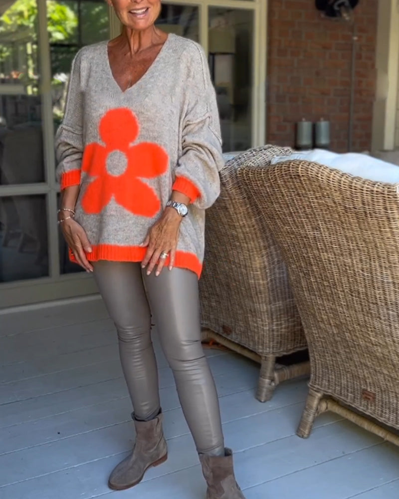Blomstermønster v-hals sweater