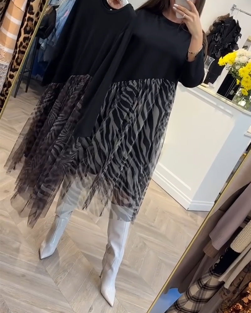 Kjole Rund Hals Patchwork Mesh Print