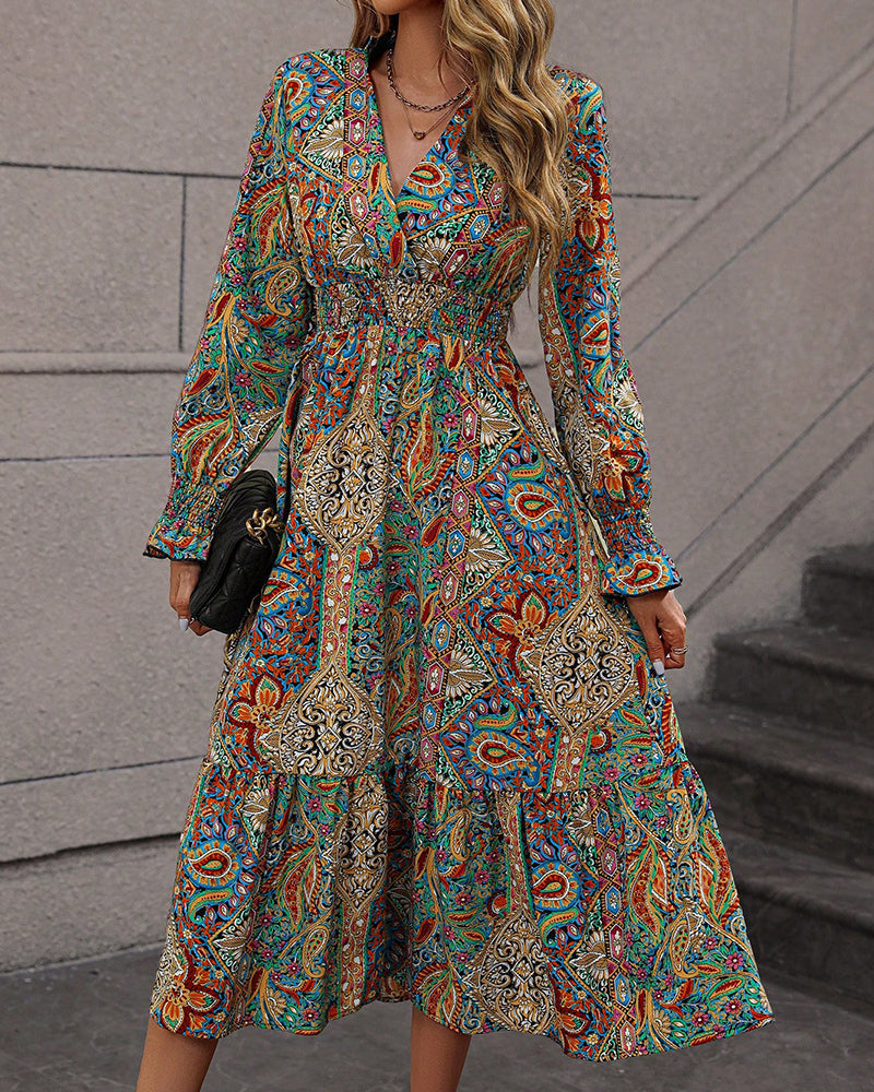 Paisley-print kjole med v-hals