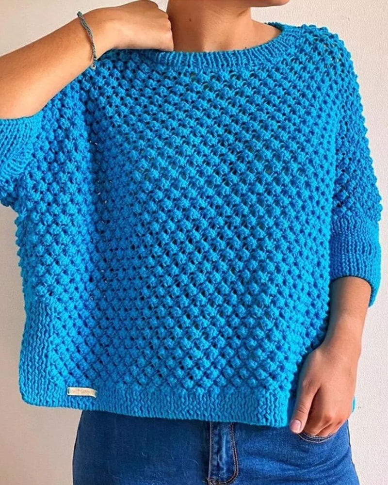 Ensfarvet vaffelmønstret sweater med rund hals