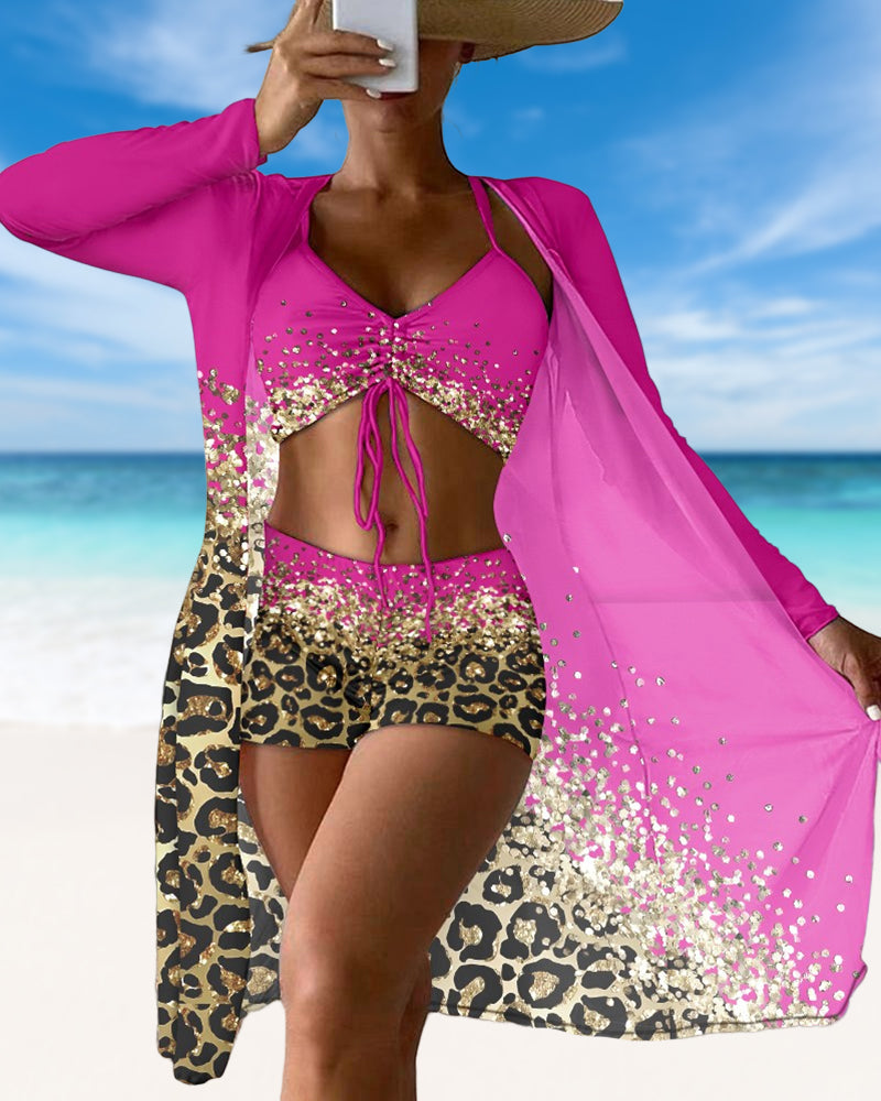 Tredelt badedragt med leopard-ombreprint