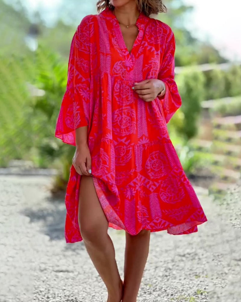Boho Kjole med geometrisk print og 3/4-ærmer