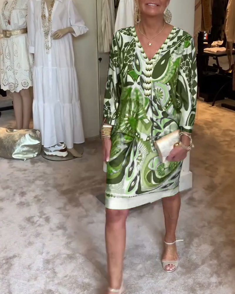 V-halset afslappet kjole med retroprint