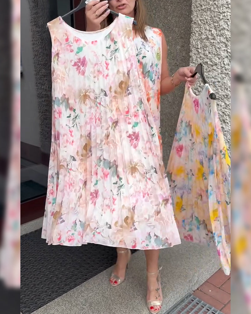 Kjole Ærmeløs Plisseret Blomstret