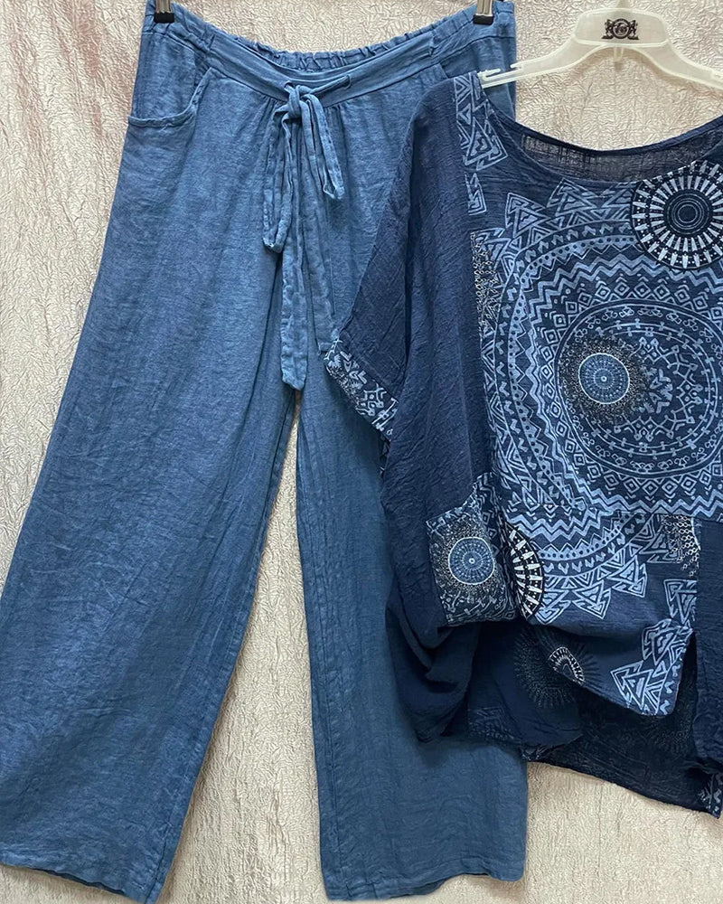 To-delt sæt | Bluse med print og bukser med elastikbånd