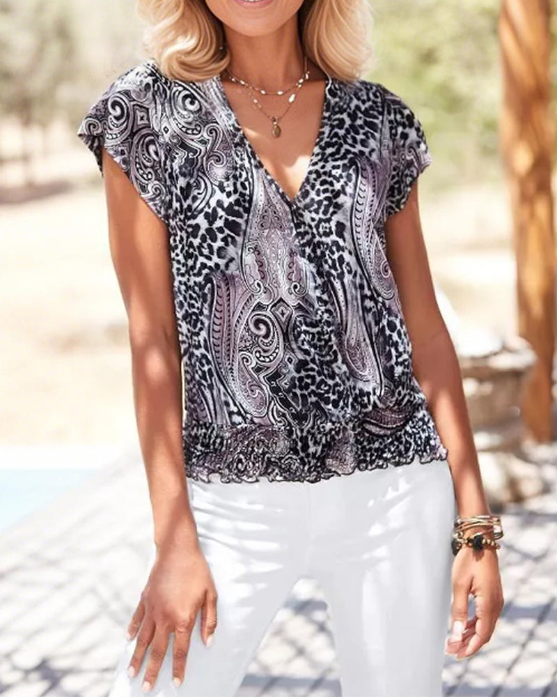 Bluse V-Hals Leopardprint Cashew