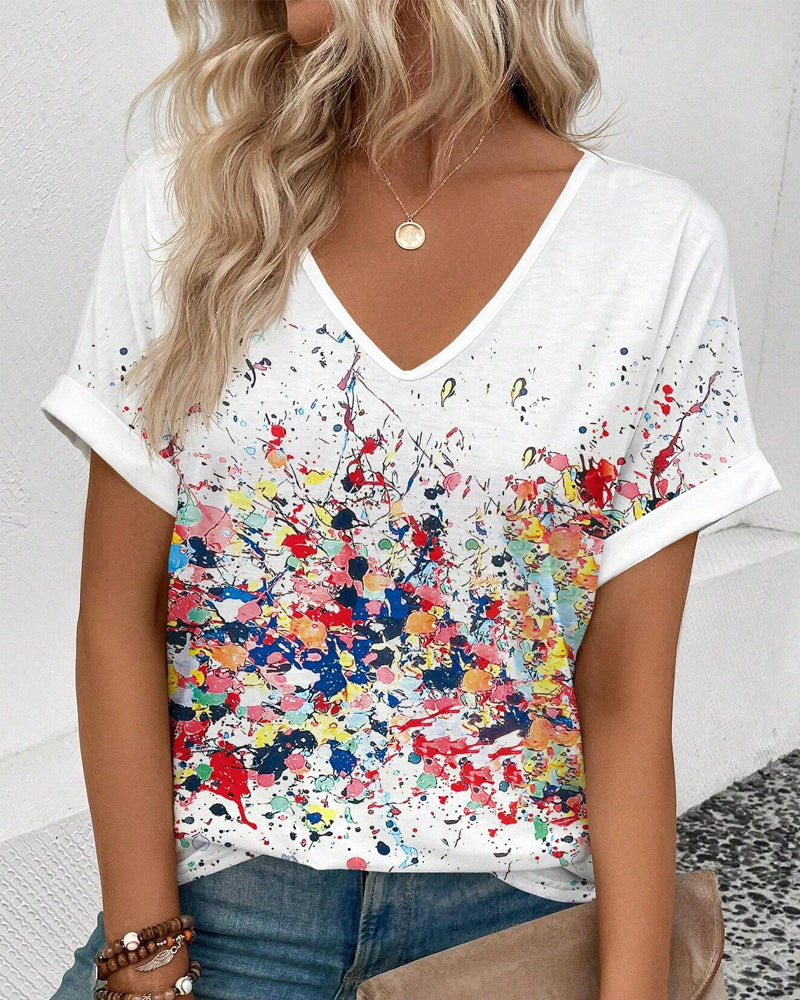 T-Shirt V-Hals Farverigt Graffitiprint