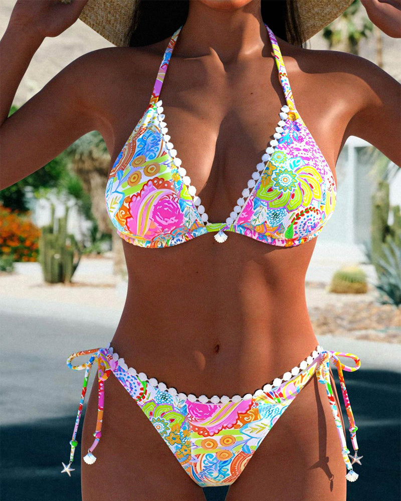 Halterneck bikini med blonder og farverigt print