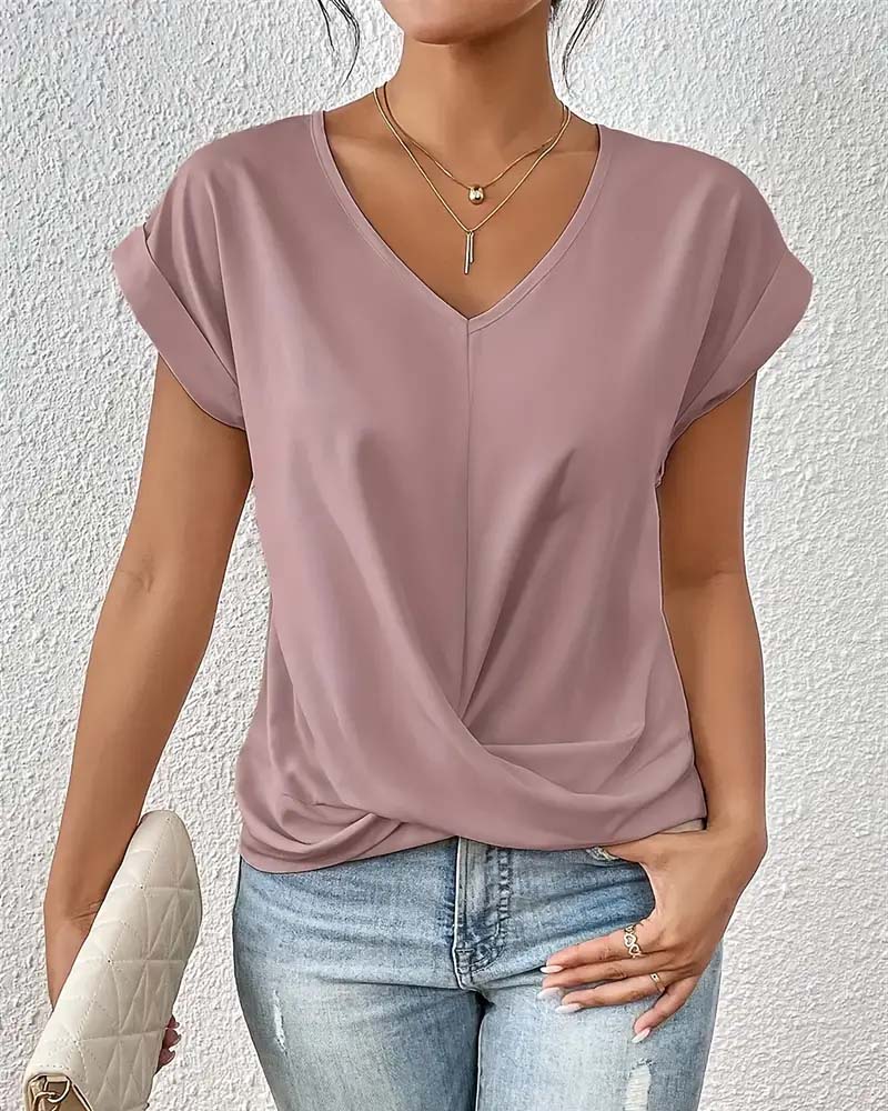 T-shirt V-hals Ensfarvet Elegant Korte Ærmer