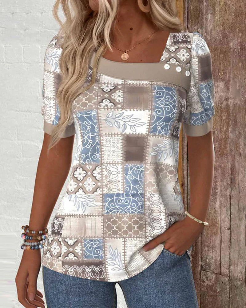 T-Shirt Off-Shoulder Puslespilsprint Korte Ærmer