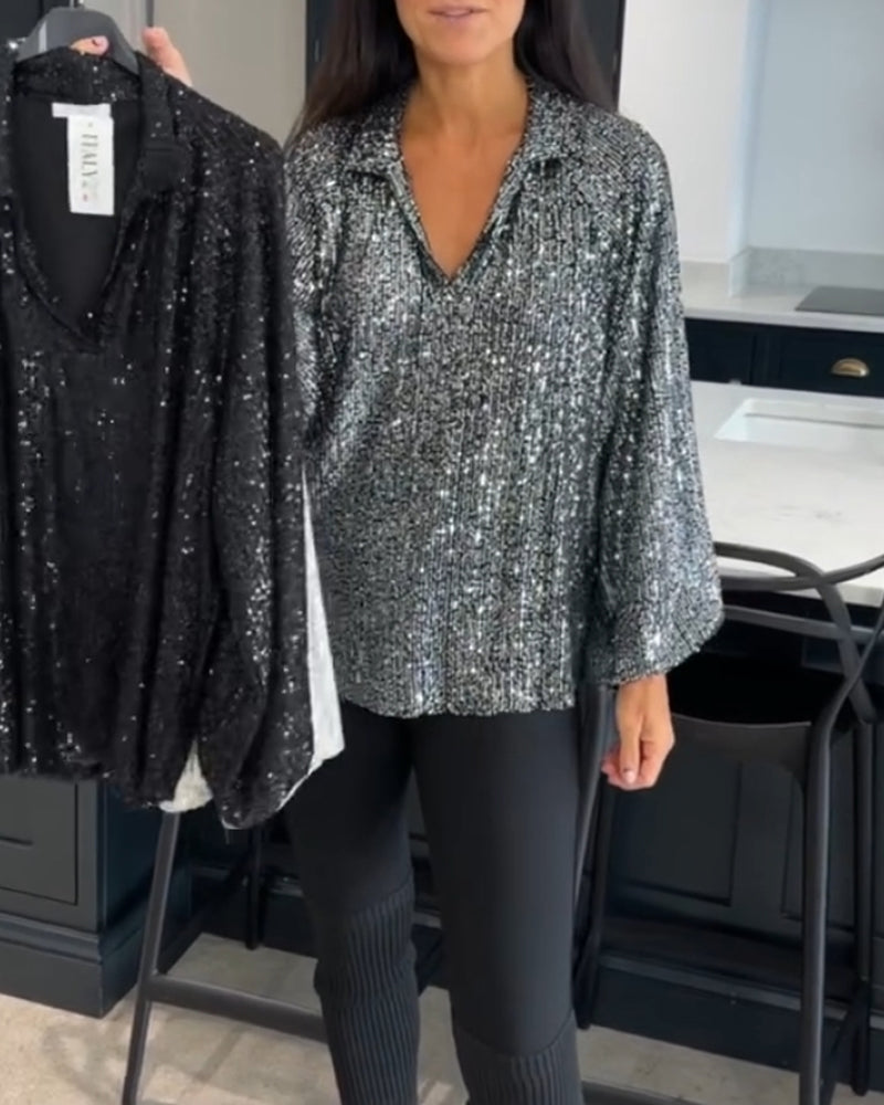 Ensfarvet bluse med pailletter