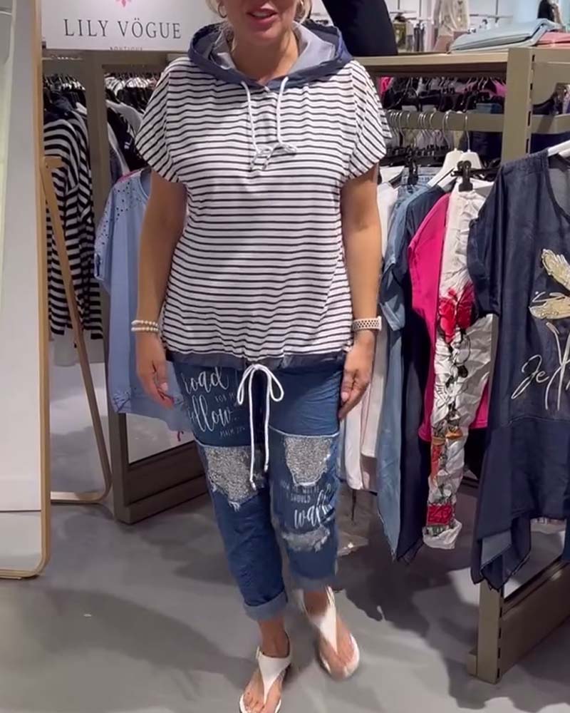 Casual Stribet Bluse Med Hætte