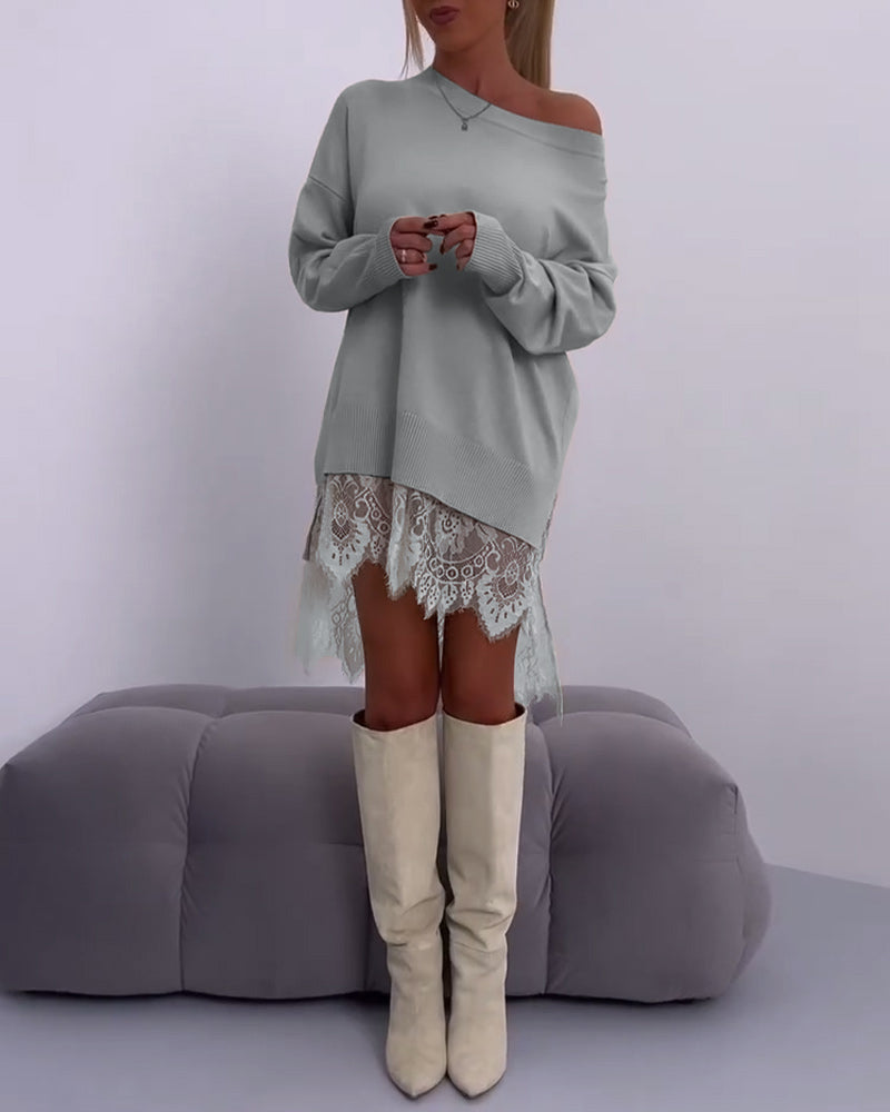 Ensfarvet slim fit off-shoulder sweater med blonder