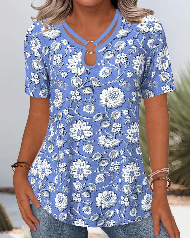 Bluse Rundhals Blomstermønster Udsnit Pendlere