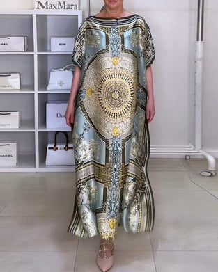 Boho-printet løs kjole med slids