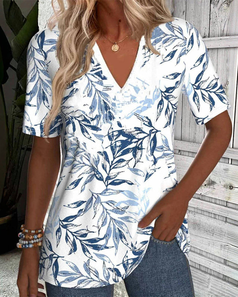T-Shirt V-Hals Korte Ærmer Bambusbladprint