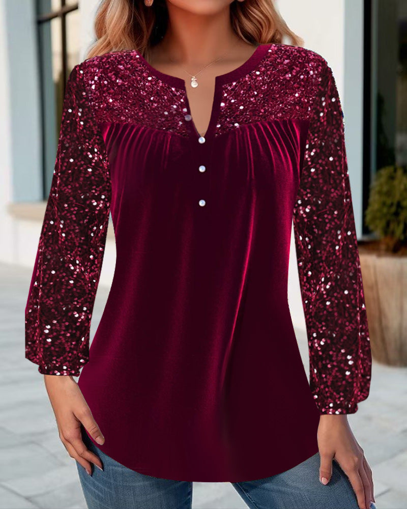 V-halset plisseret elegant top med pailletter