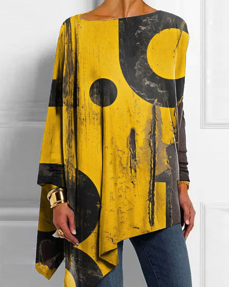 Langærmet bluse i uregelmæssig længde med print