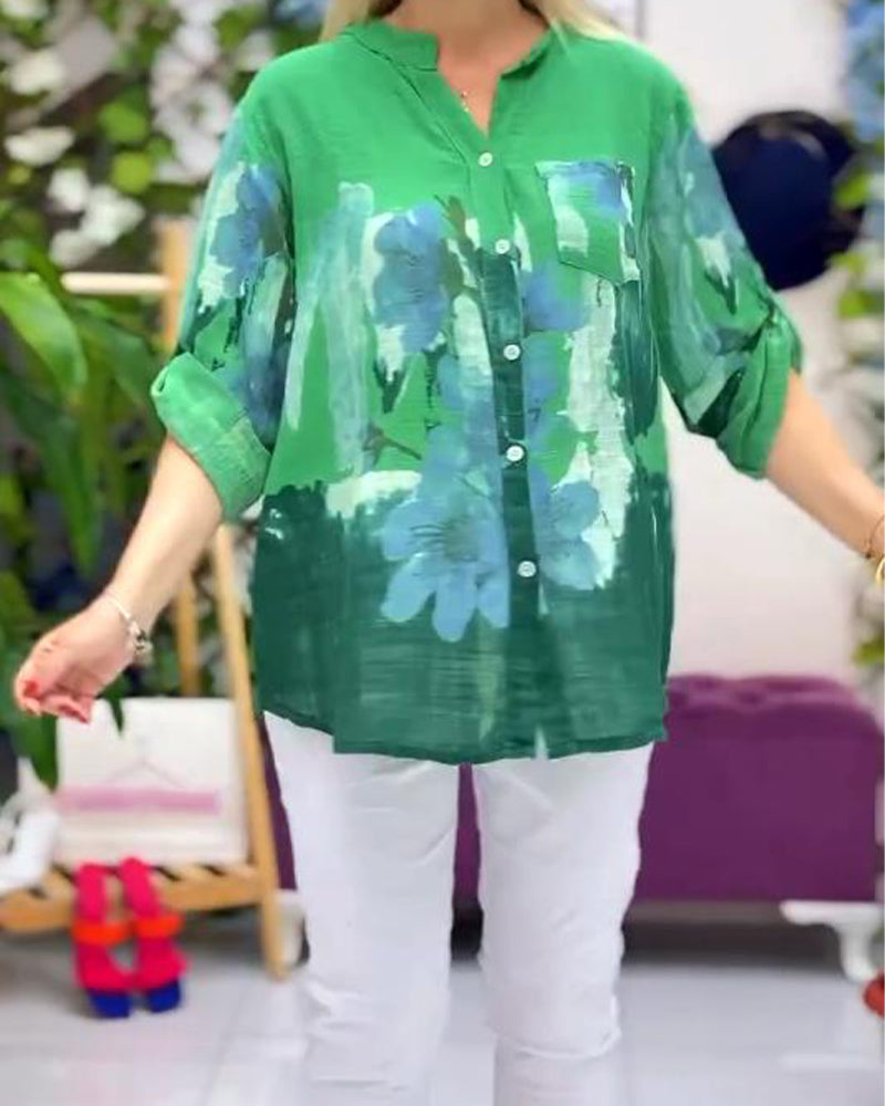 Bluse Med Korte Ærmer V-Hals Print Afslappet