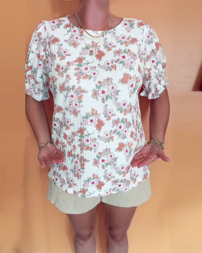 Bluse Rund Hals Blomstret Kort Ærme