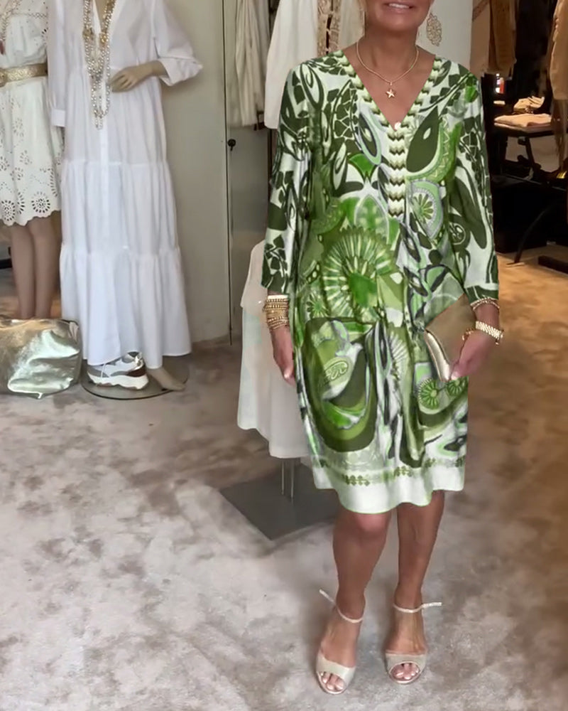 V-halset afslappet kjole med retroprint