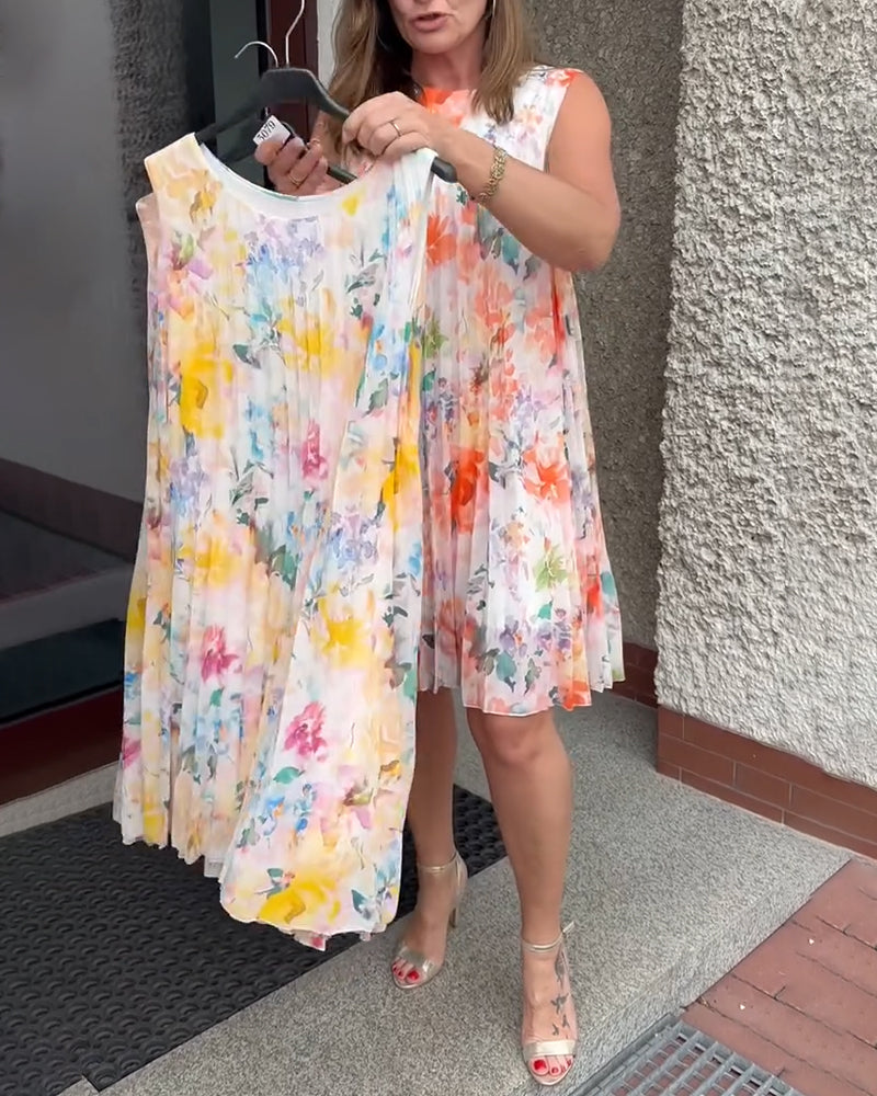 Kjole Ærmeløs Plisseret Blomstret