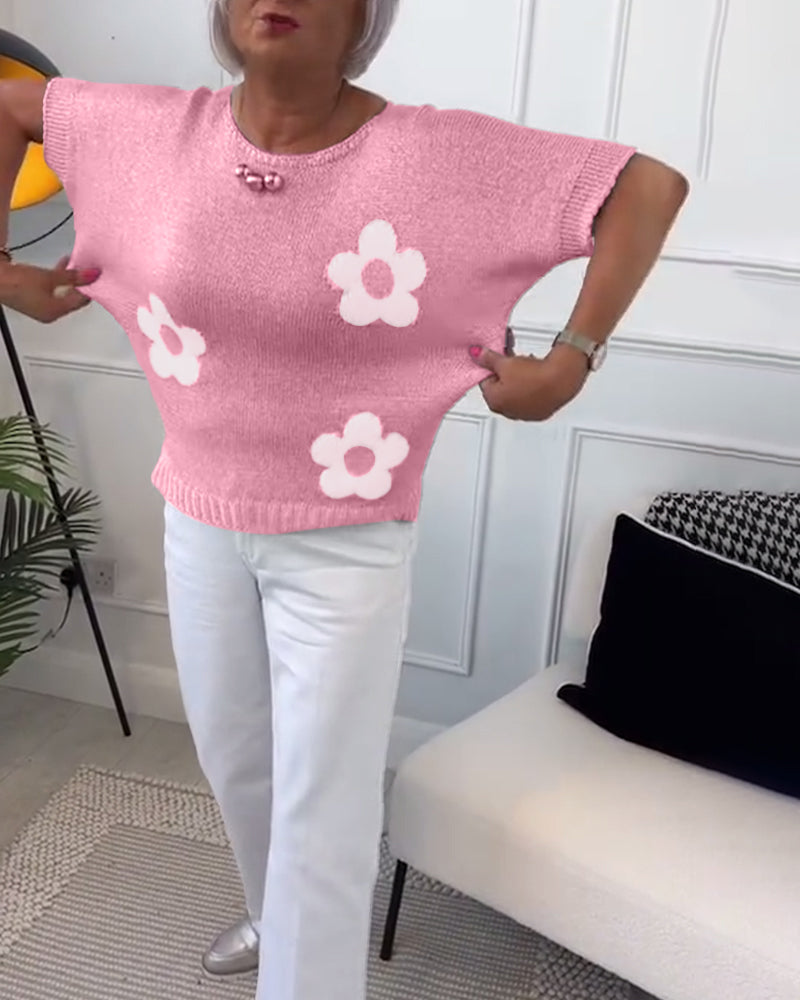 Slim fit striktrøje med rund hals og blomstermotiver