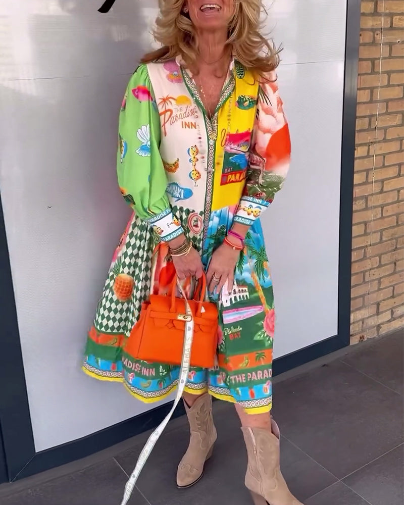 Langærmet farverig patchwork kjole