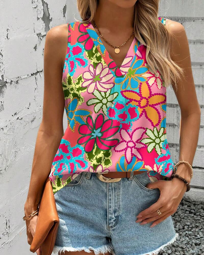 Vest V-Hals Blomsterprint Ærmeløs