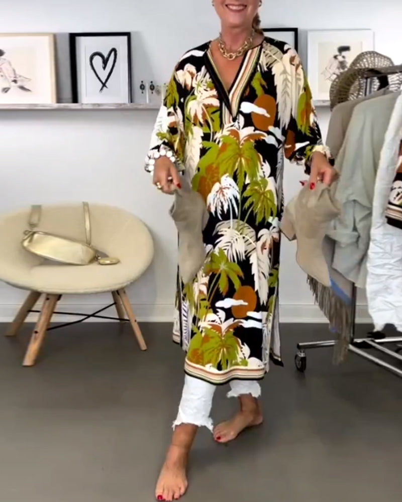 V-halset kjole med palme-print