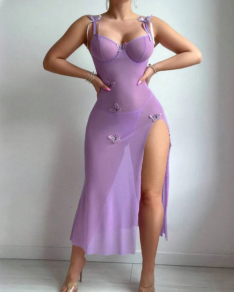 Mesh-Sommerfugl Kjole Med Højt Split Og Bærestropper