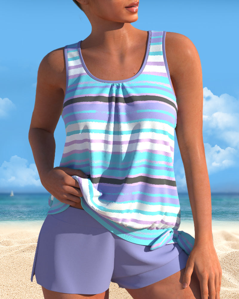 Stribet tankini med U-hals