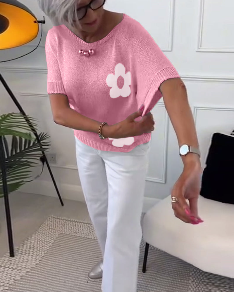 Slim fit striktrøje med rund hals og blomstermotiver