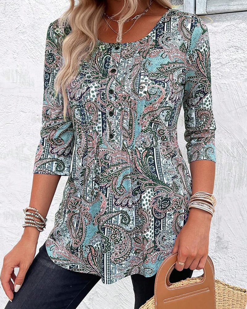 Bluse Trekvartsærme Vintage Tryk