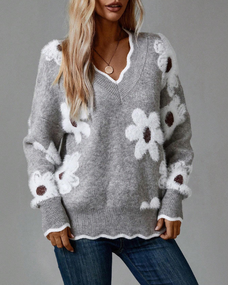 V-halset pullover med blomstermotiv