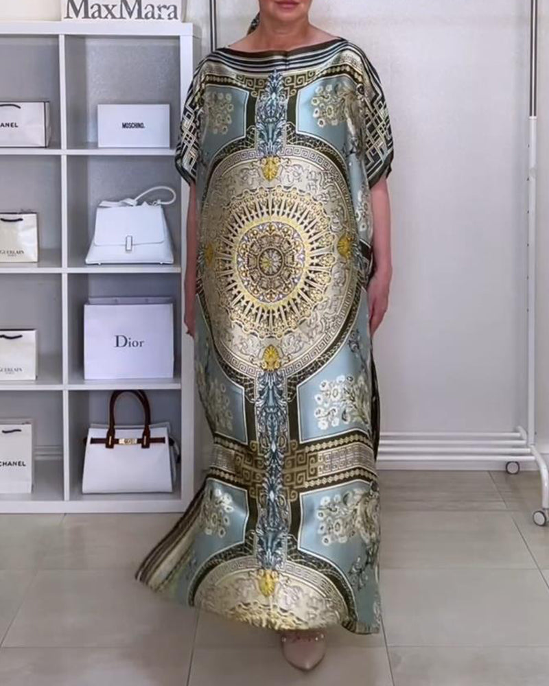 Boho-printet løs kjole med slids