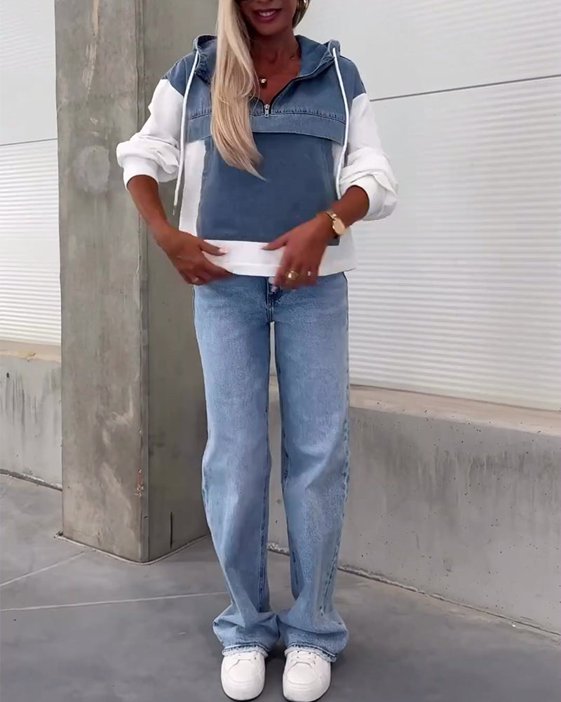 Patchwork denim hættetrøje med lynlås