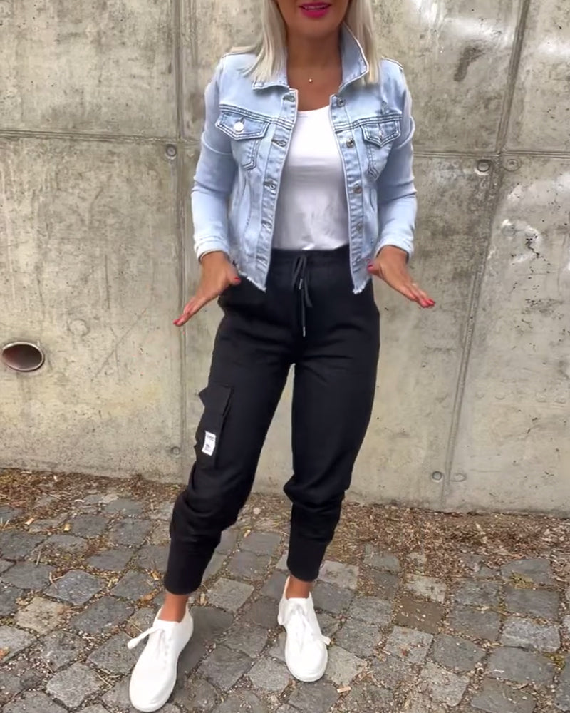 Sorte slim fit cargo pants med snøretalje