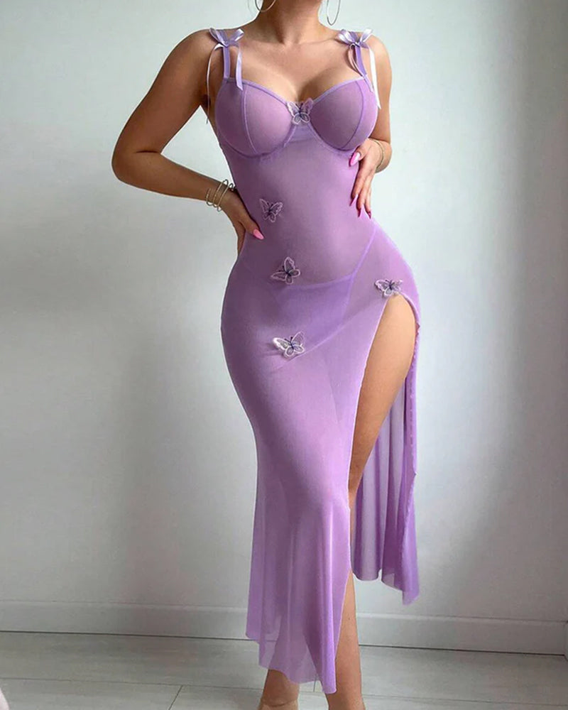 Mesh-Sommerfugl Kjole Med Højt Split Og Bærestropper