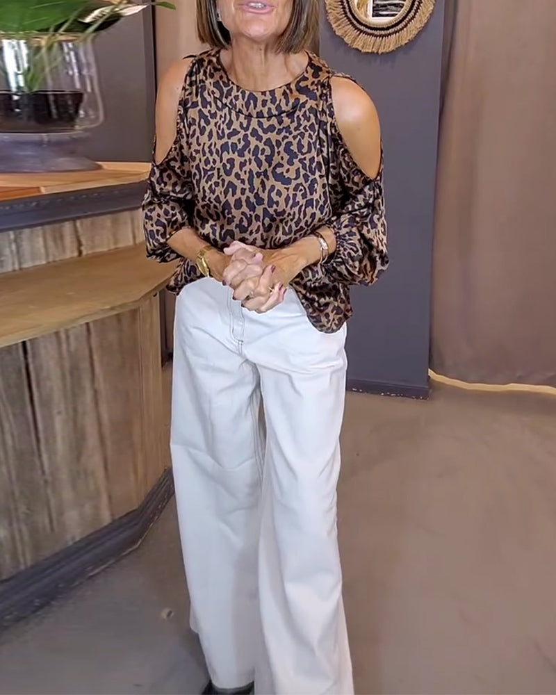 Bluse Med Bånd Over Skuldrene Leopardprint