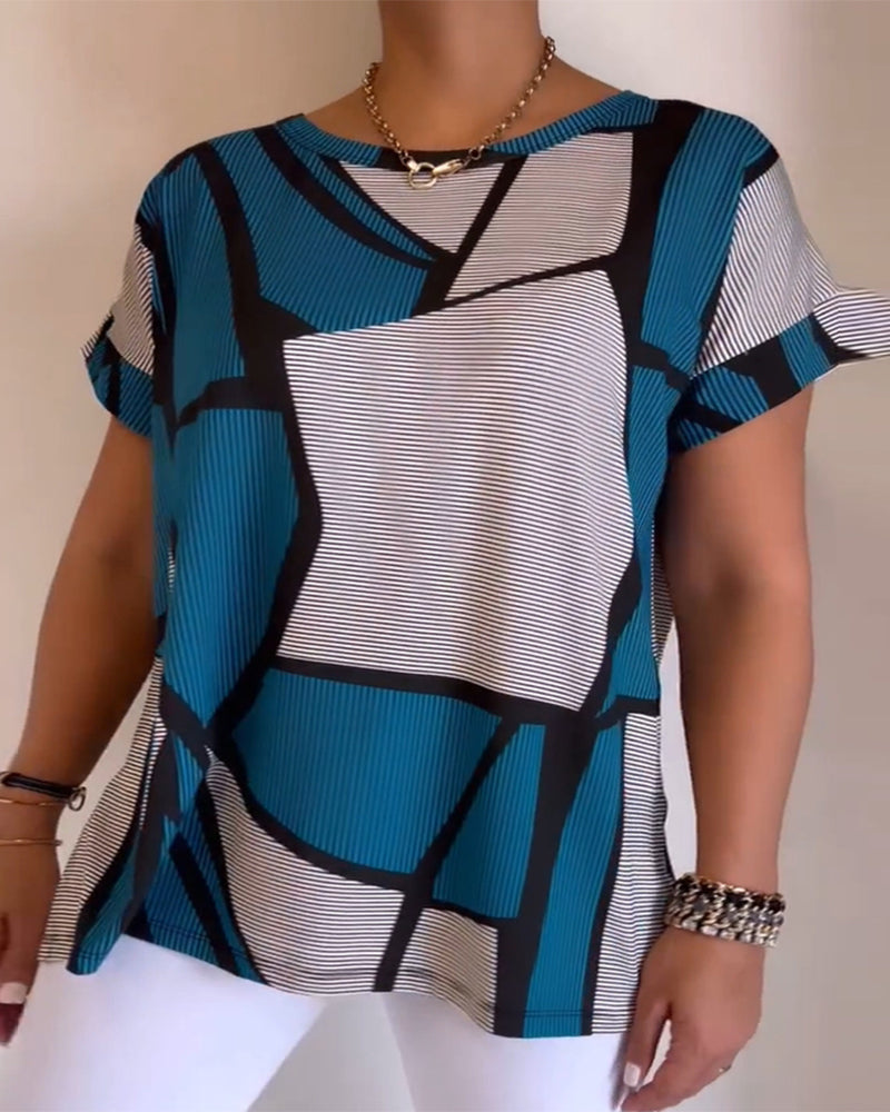 T-shirt Rund Hals Geometrisk Mønster Løs