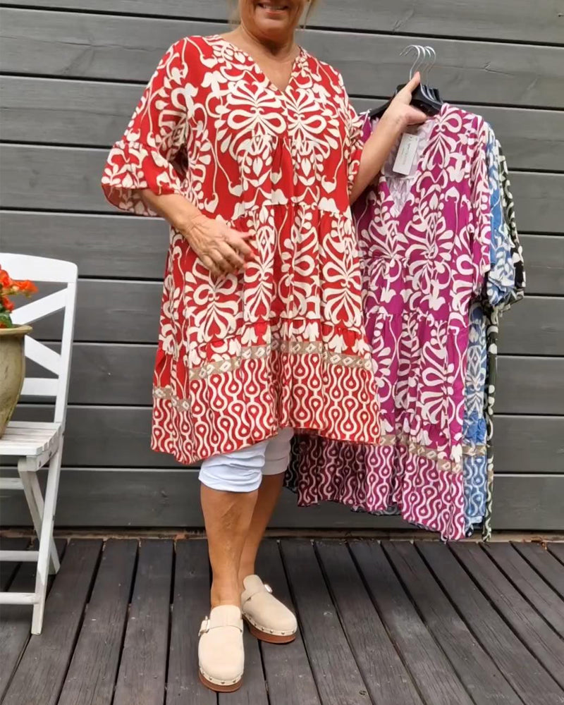 V-halset løs bluse med print