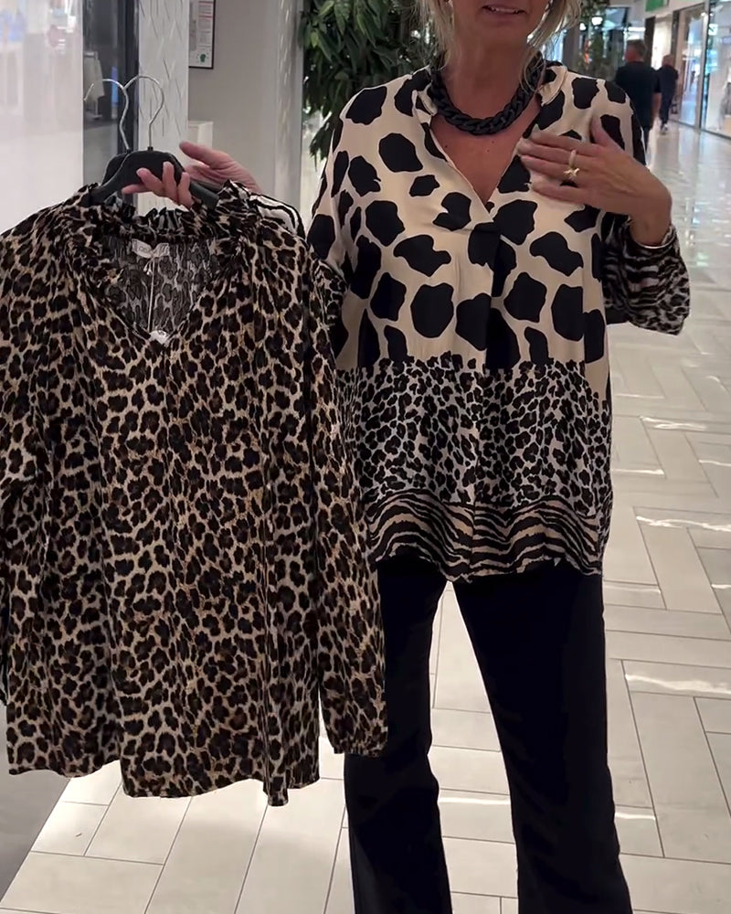 V-halset afslappet bluse med leopardprint